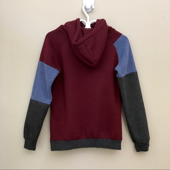 FASHION Fleece Lined Red Blue Gray Colourblock Hoodie Sweatshirt - Picture 2 of 6